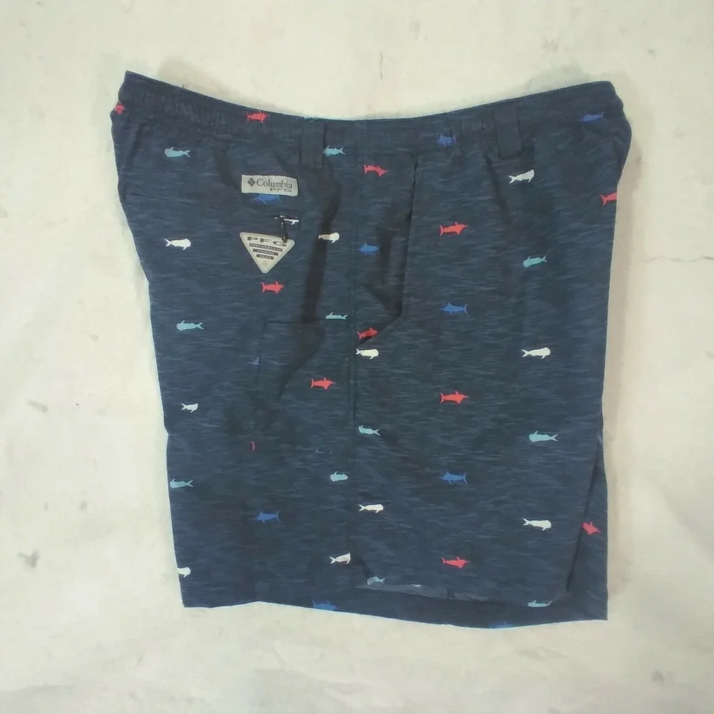Columbia PFG swim shorts mens XL  blue fishing Hybrid pockets fishing FLAWED